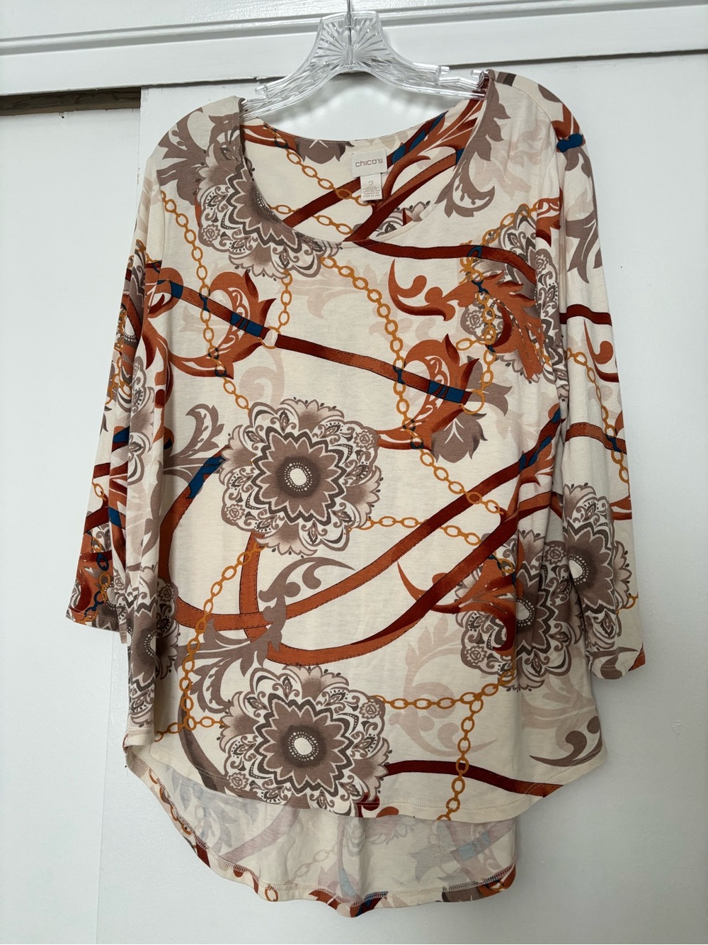 Chico's Cream Floral Chain-Print V-Neck Blouse with Rust & Taupe Accents 2/Large